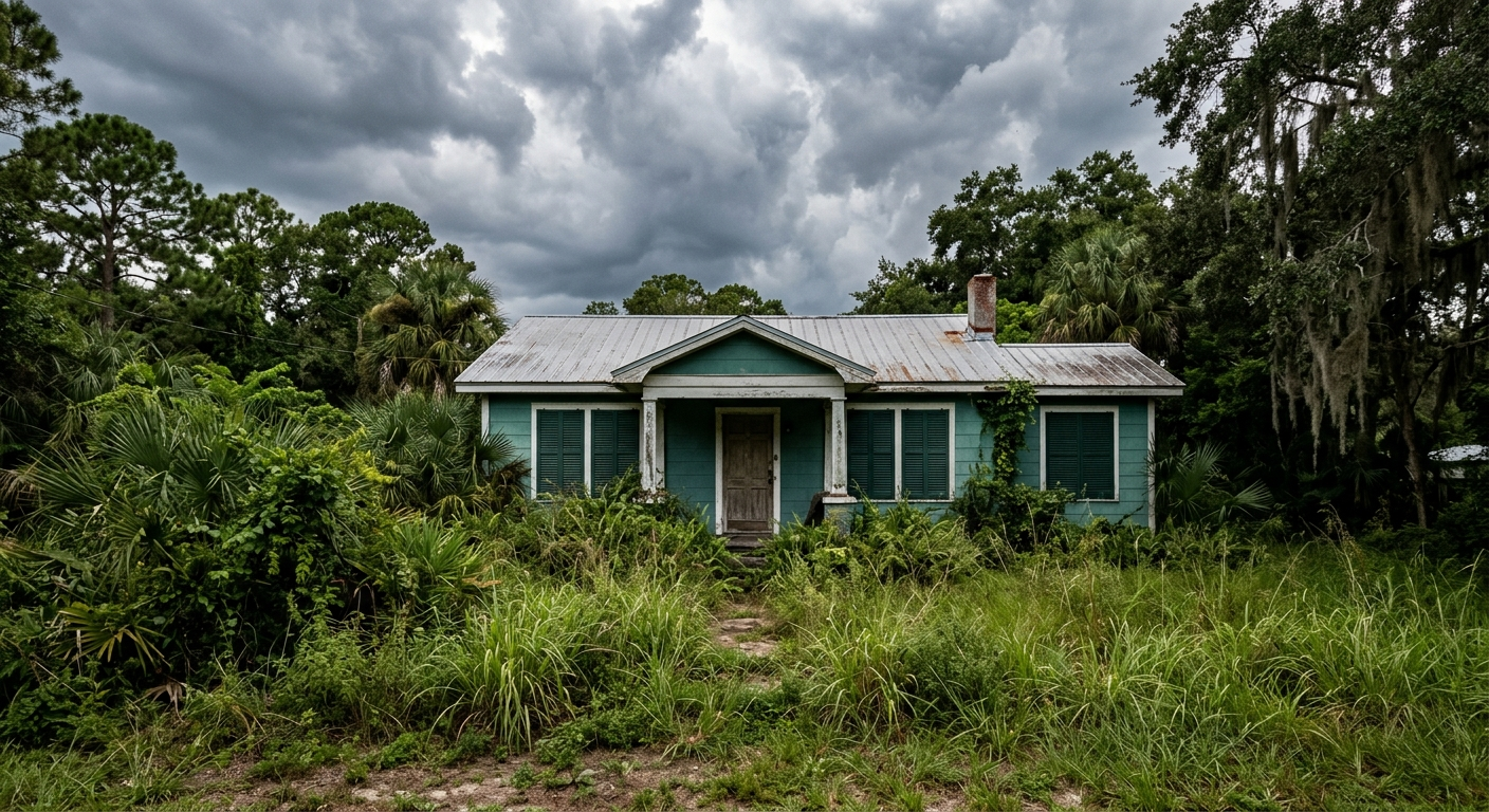 A single-story Florida stucco home sitting empty with a for-sale sign in the yard under a cloudy afternoon sky