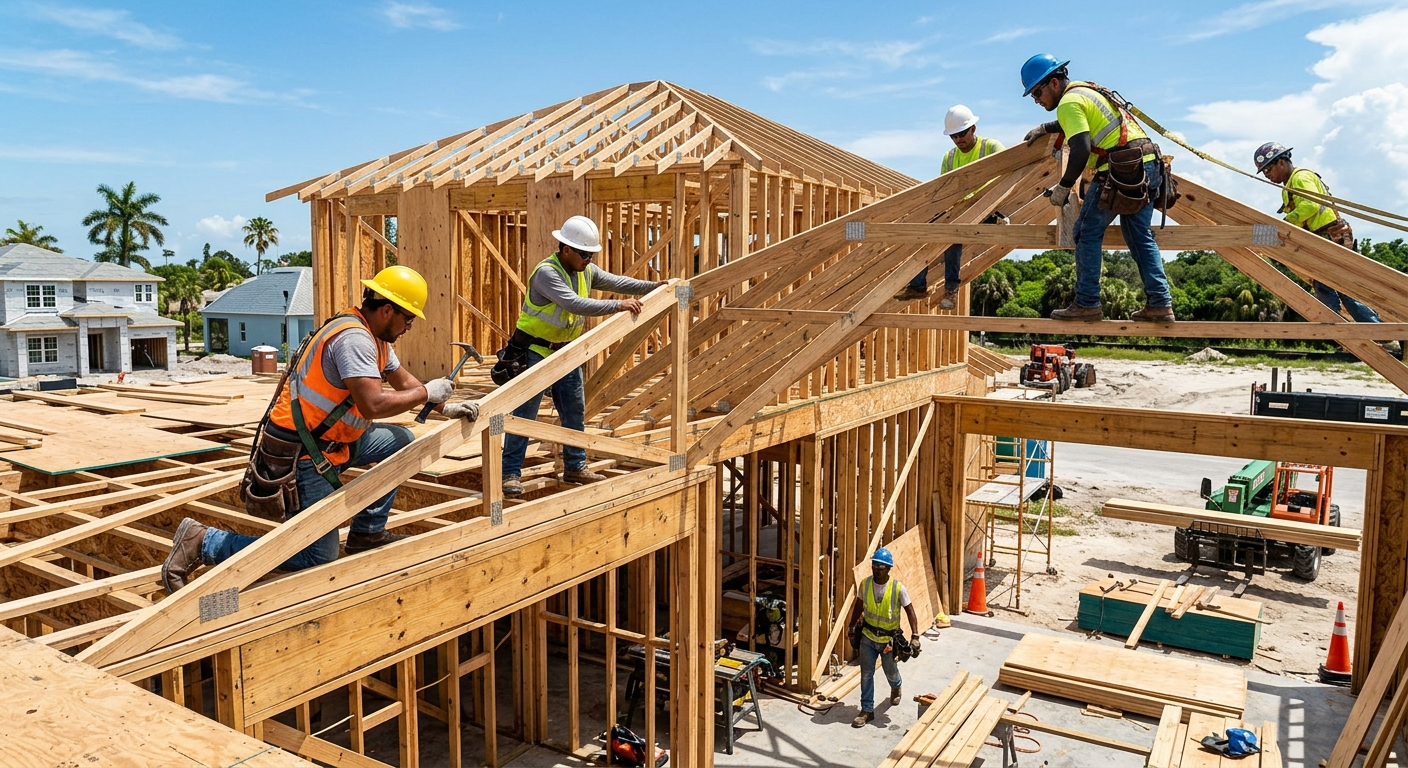 Construction worker in safety gear reviewing paperwork at a Florida job site on a sunny afternoon