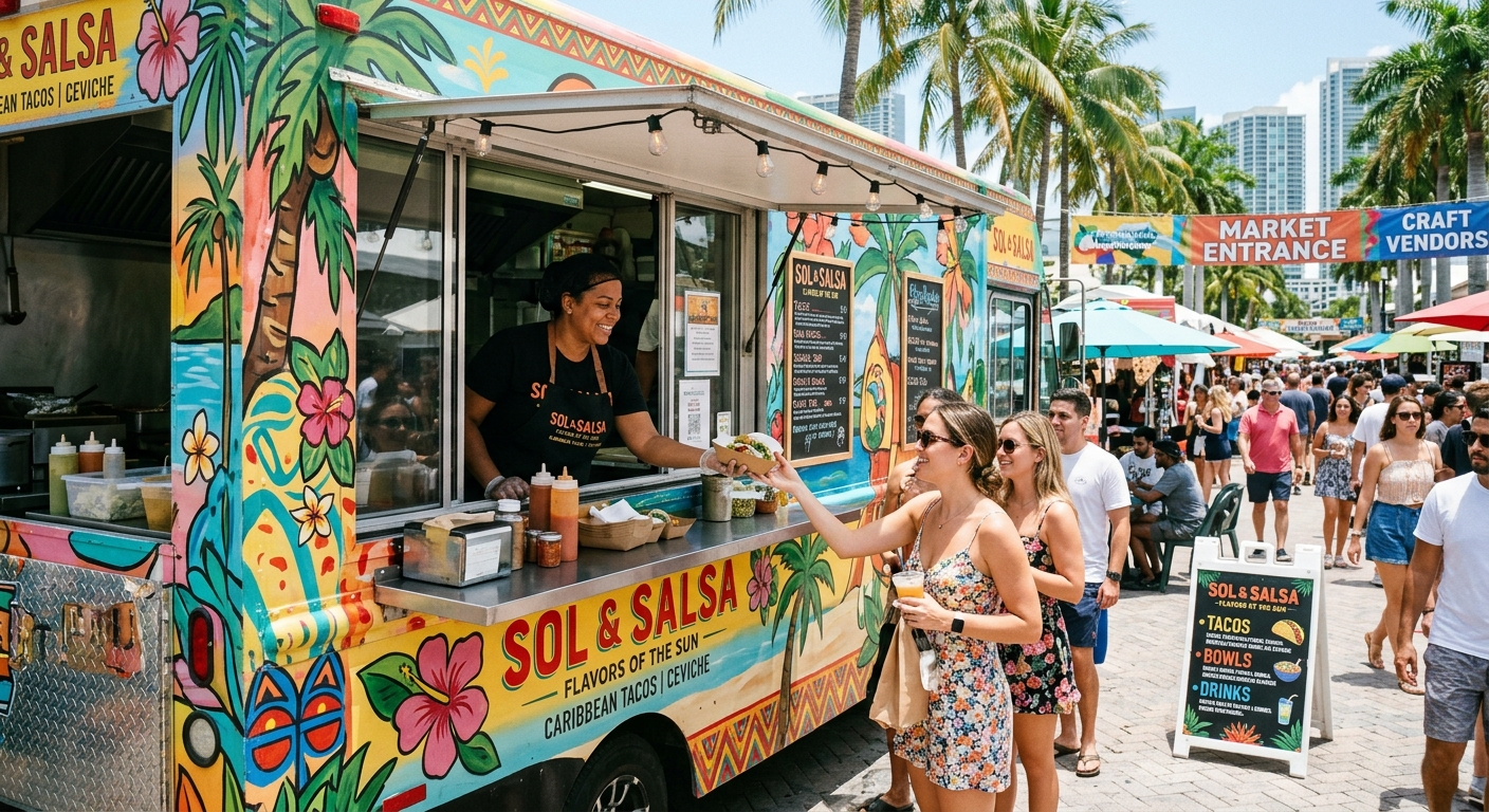 A colorful food truck parked at an outdoor Florida market on a sunny day, with customers lined up at the service window
