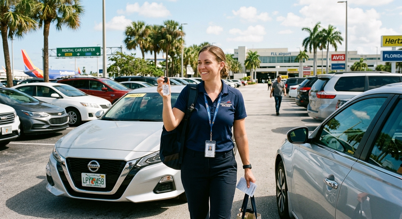 Florida business owner reviewing commercial insurance documents at a desk with a company vehicle visible through the window