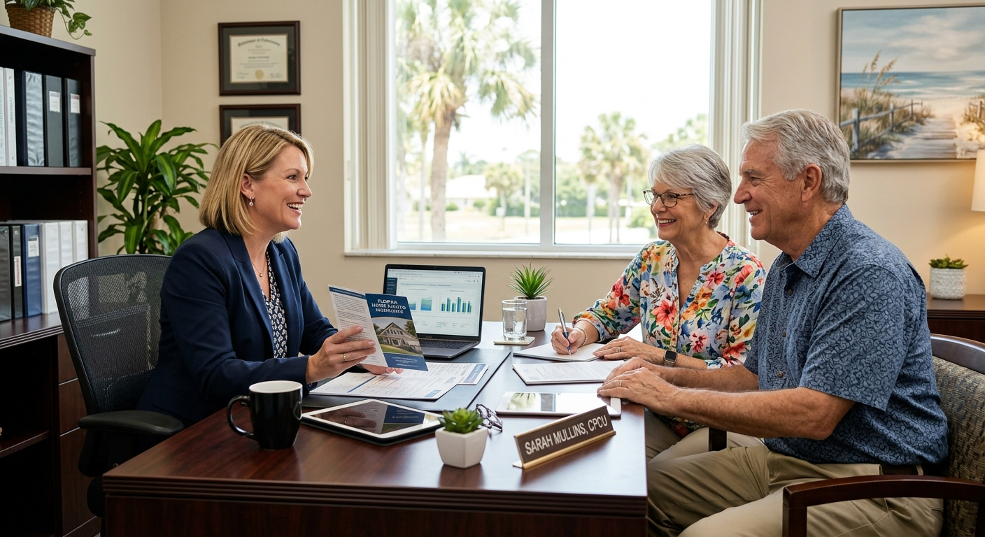 A local insurance agent sitting across a desk from a Florida homeowner, reviewing policy documents together in a bright