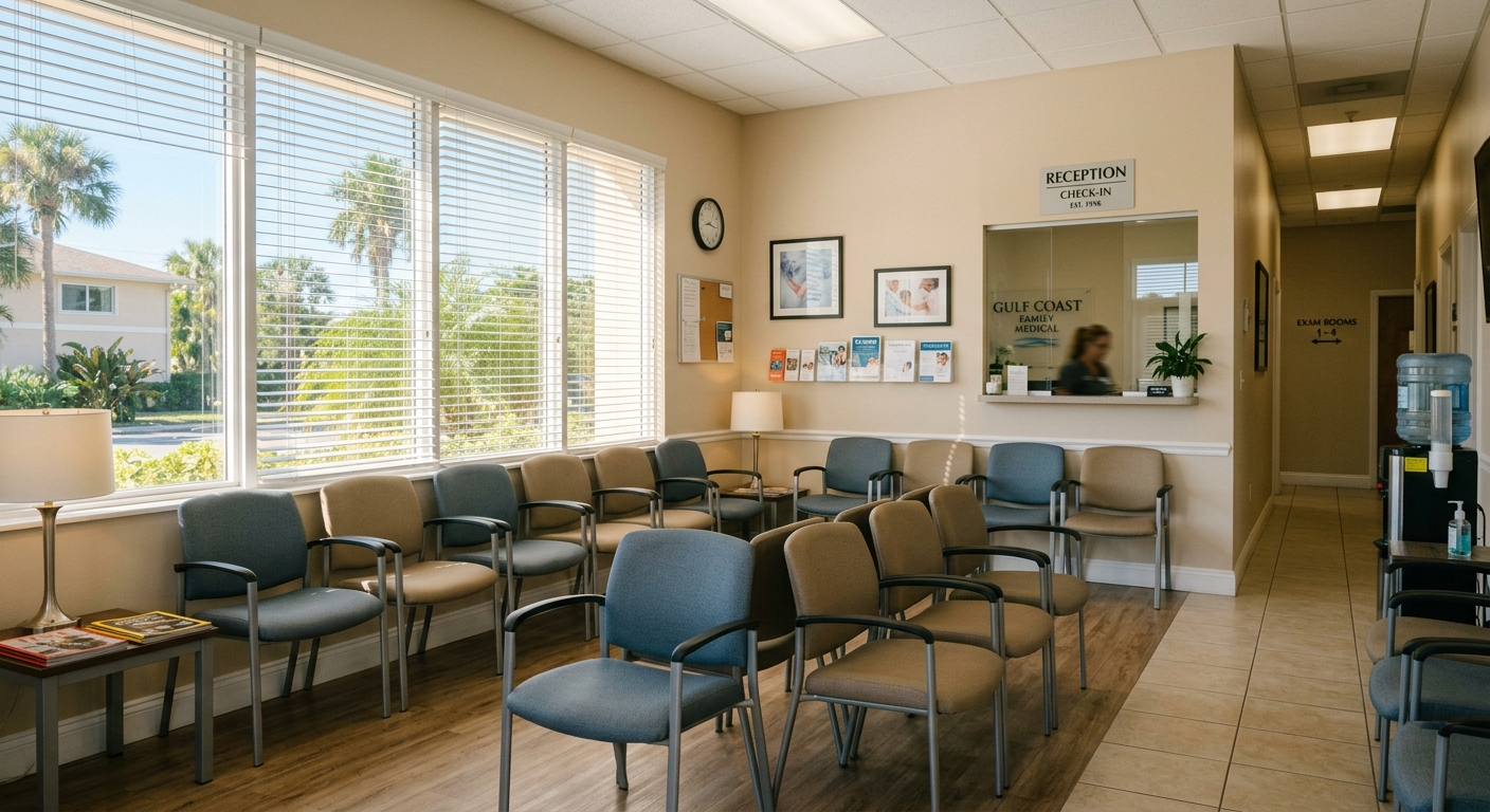 Medical office reception desk with a stethoscope and insurance documents on a bright Florida clinic counter