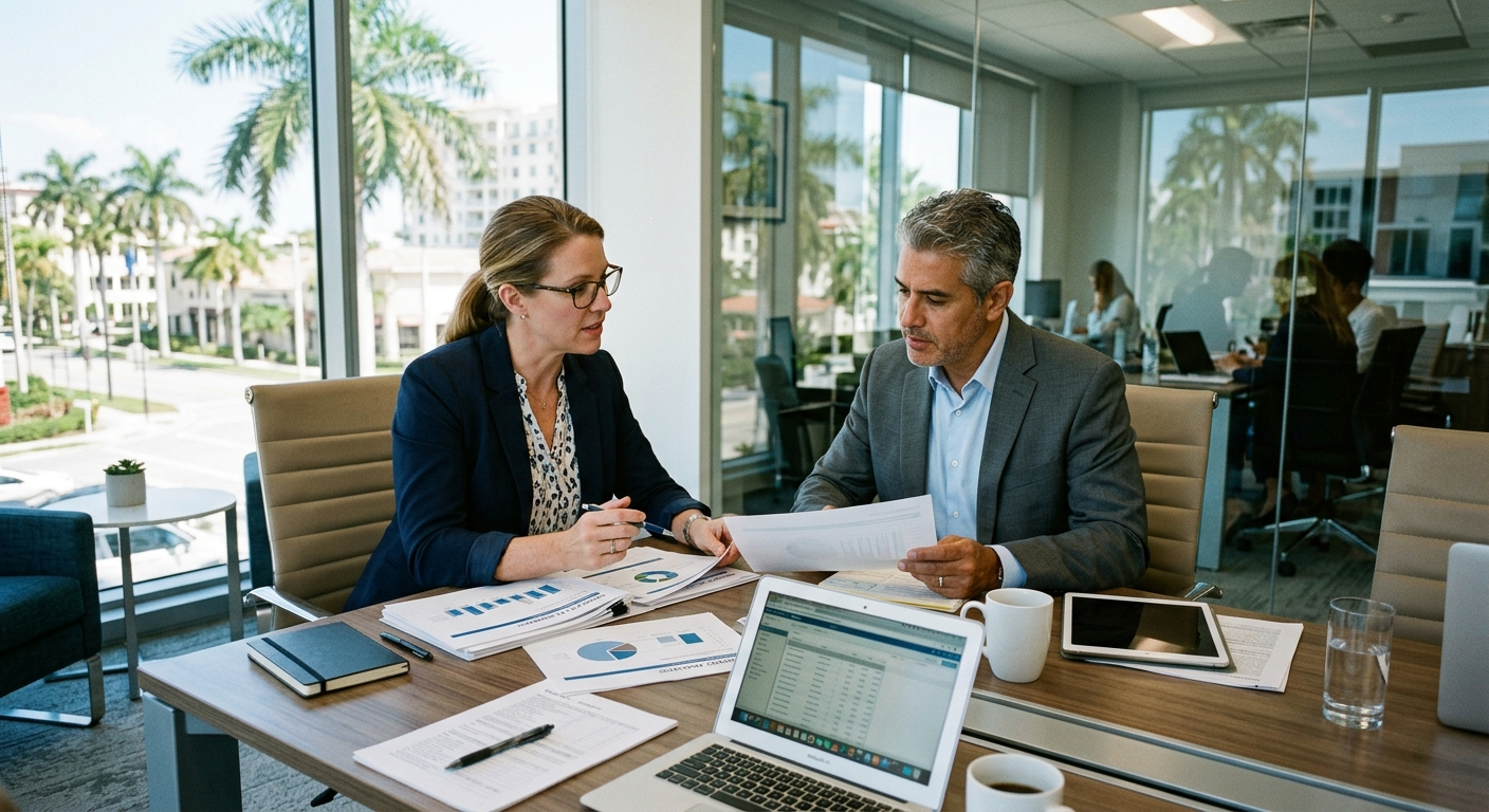 Florida professional reviewing insurance documents at a desk in a modern office setting