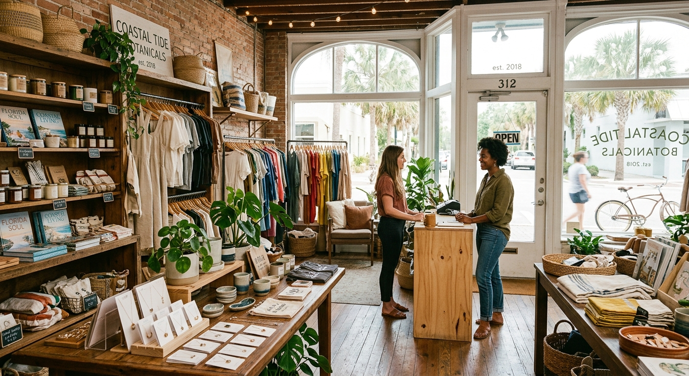 Interior of a bright Florida retail shop with merchandise displays, wood floors, and large front windows