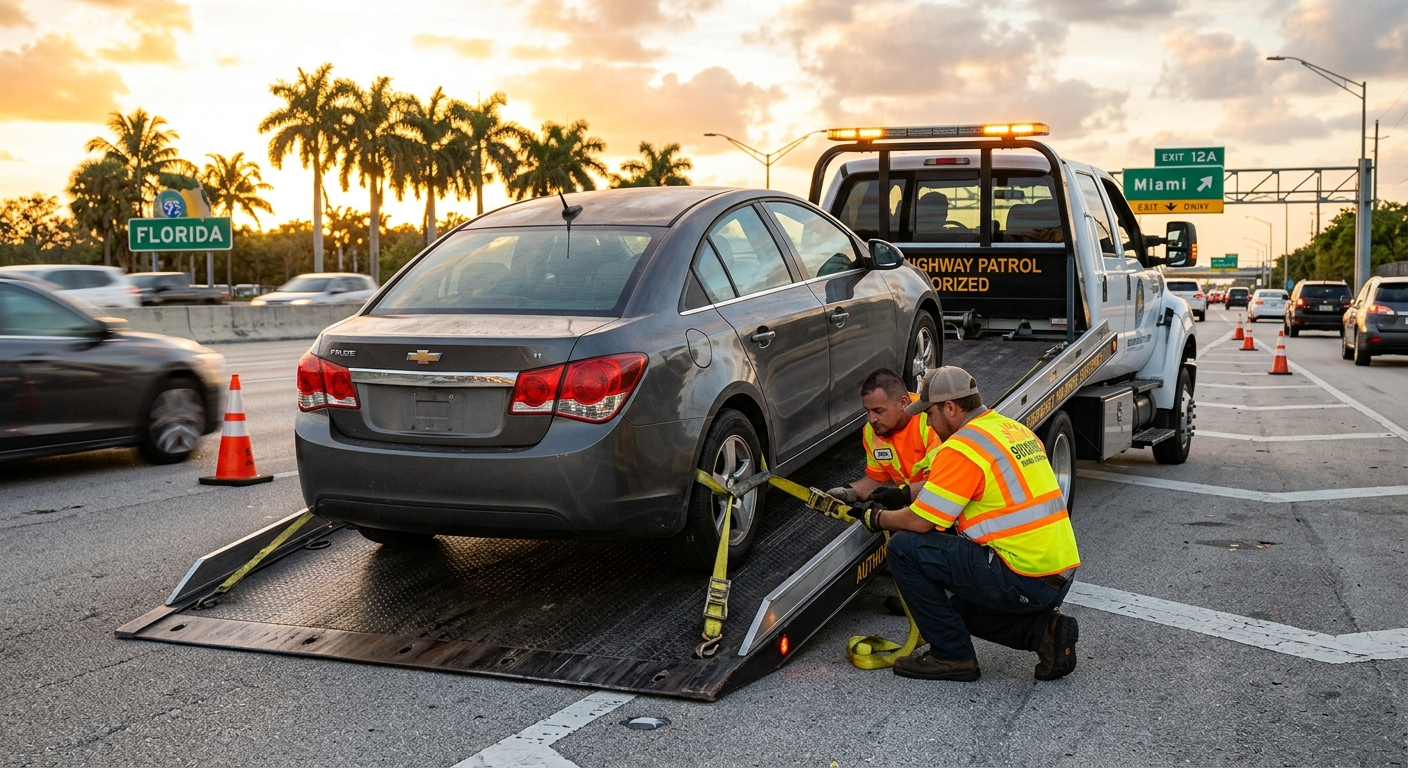 Flatbed tow truck loading a sedan on a Florida highway at sunrise with palm trees in the background