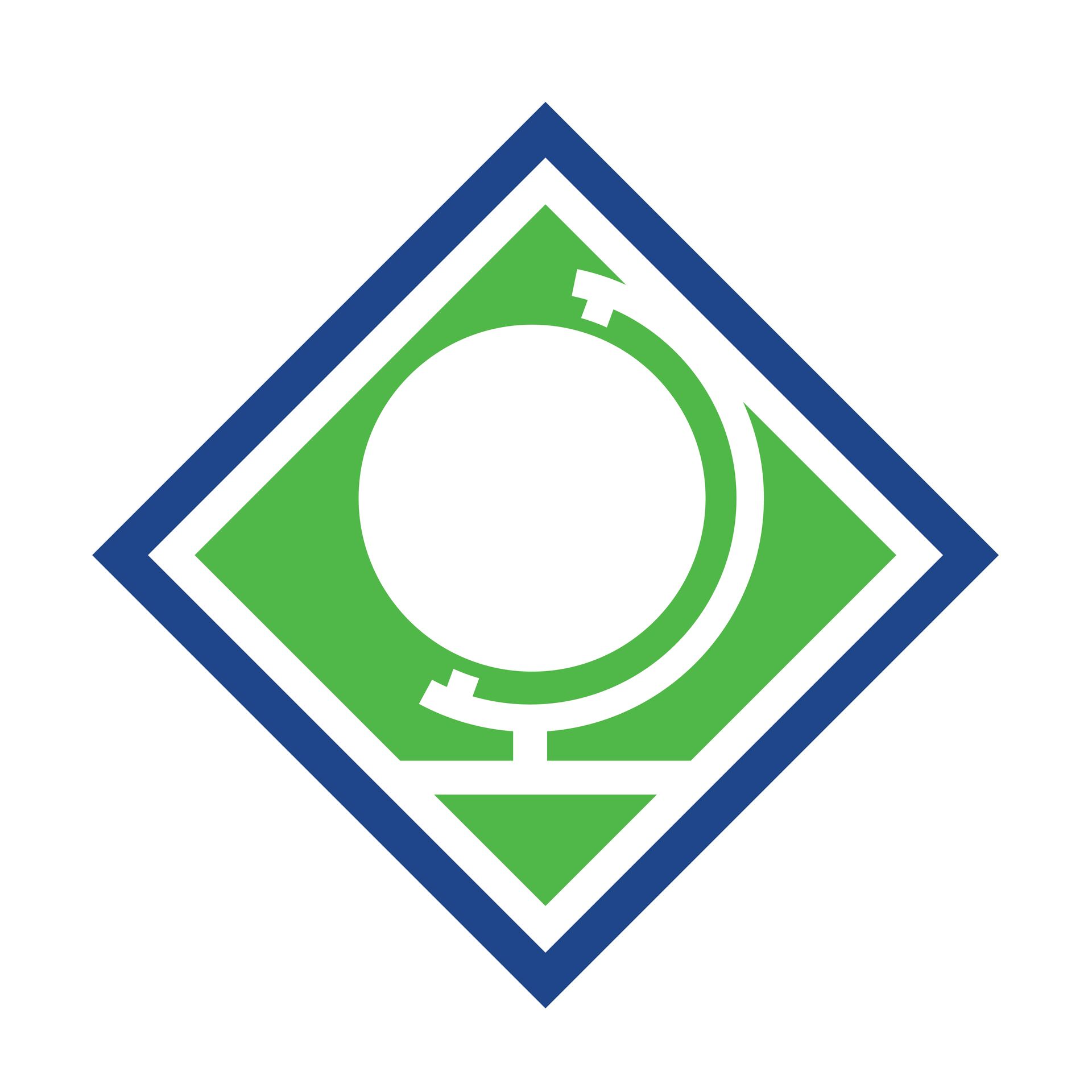 A blue and green logo with a globe in the middle