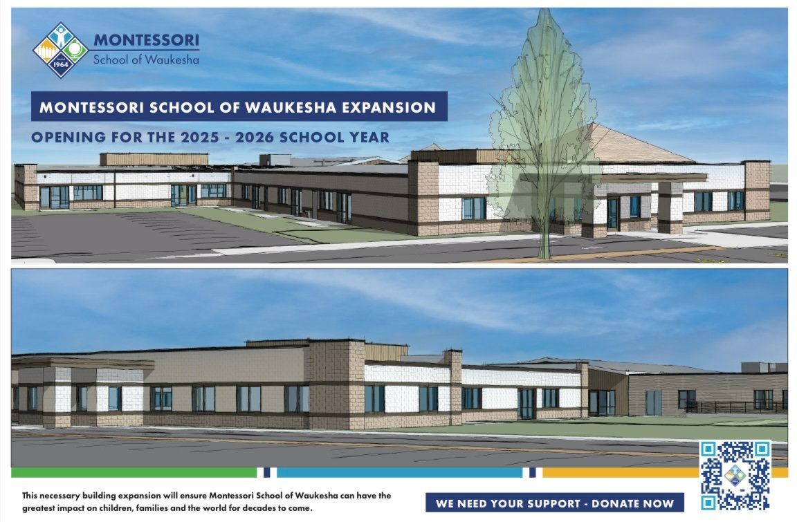 An advertisement for the montessori school of waussha expansion