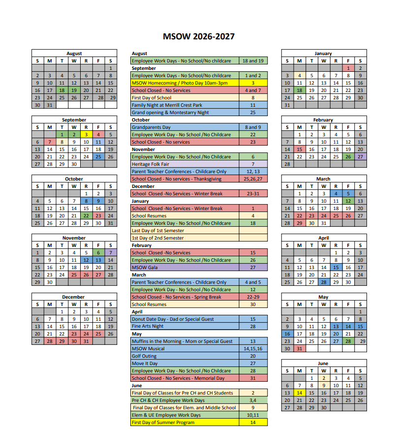 MSOW 2026-2027 Academic Calendar