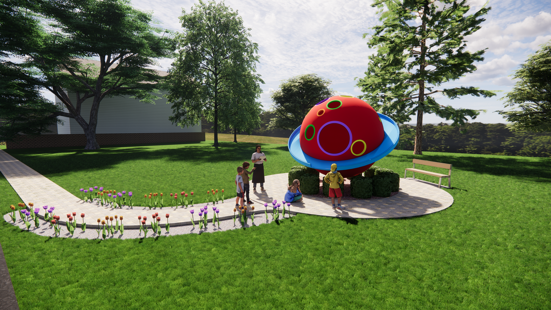A group of people standing around a large red object in a park