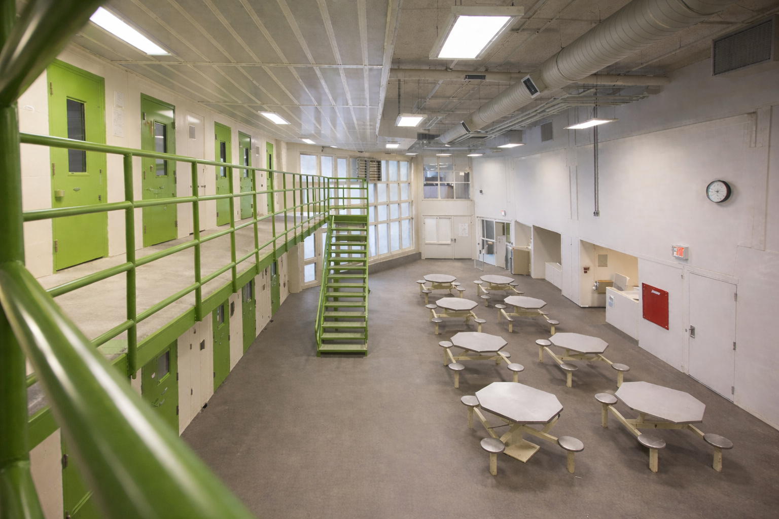 Empty cafeteria with green railings and white tables under bright overhead lights