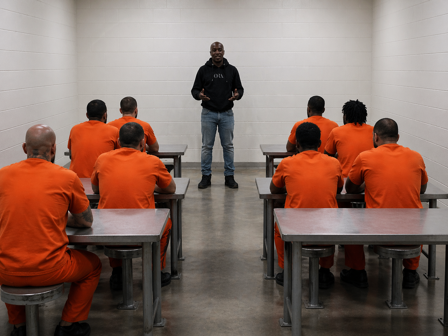 Prison classroom with inmates in orange uniforms facing an instructor at the front.