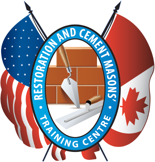 Logo: US and Canadian flags flank an oval with masonry tools and text