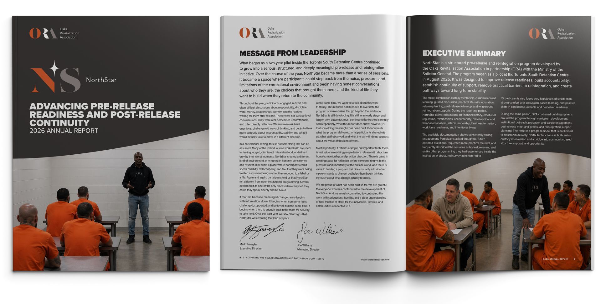 Advancing Pre-Release Readiness and Post-Release Continuity Three-page spread of a printed report with orange-clad group photo and text-heavy pages on a white background
