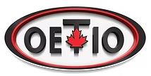 Logo of OETIO, a black text and a red maple leaf in the centre, within a black, red, and white oval.