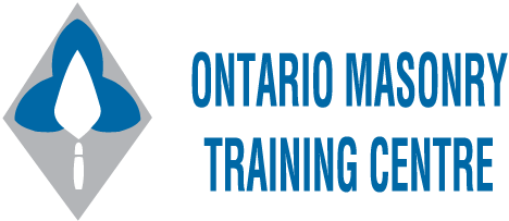 Logo for Ontario Masonry Training Centre: blue trowel icon in a gray diamond with blue text.