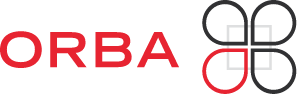 ORBA logo with red text and a four-leaf clover design in red, black, and gray.
