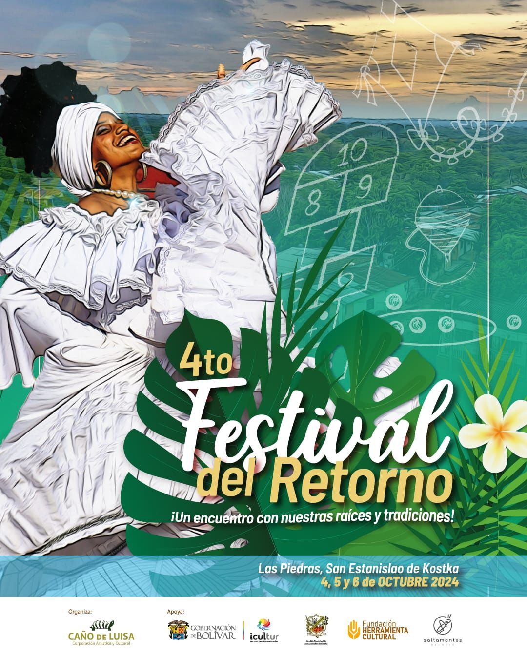 Una mujer con un vestido blanco está bailando en un cartel de un festival.