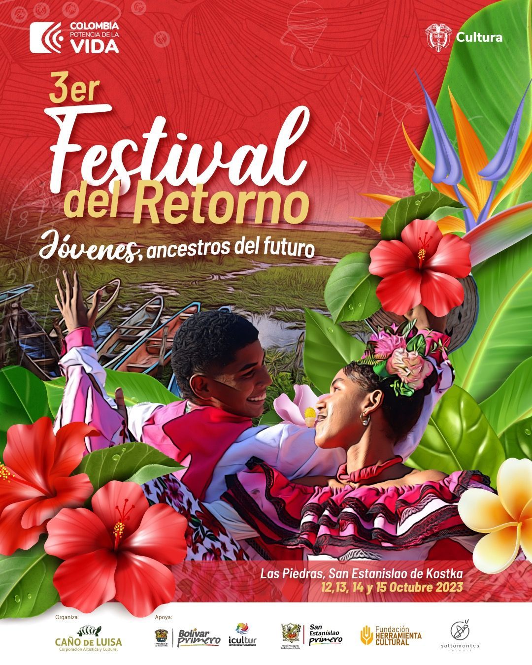 Un cartel del 3er Festival del Retorno muestra a un hombre y una mujer bailando rodeados de flores.
