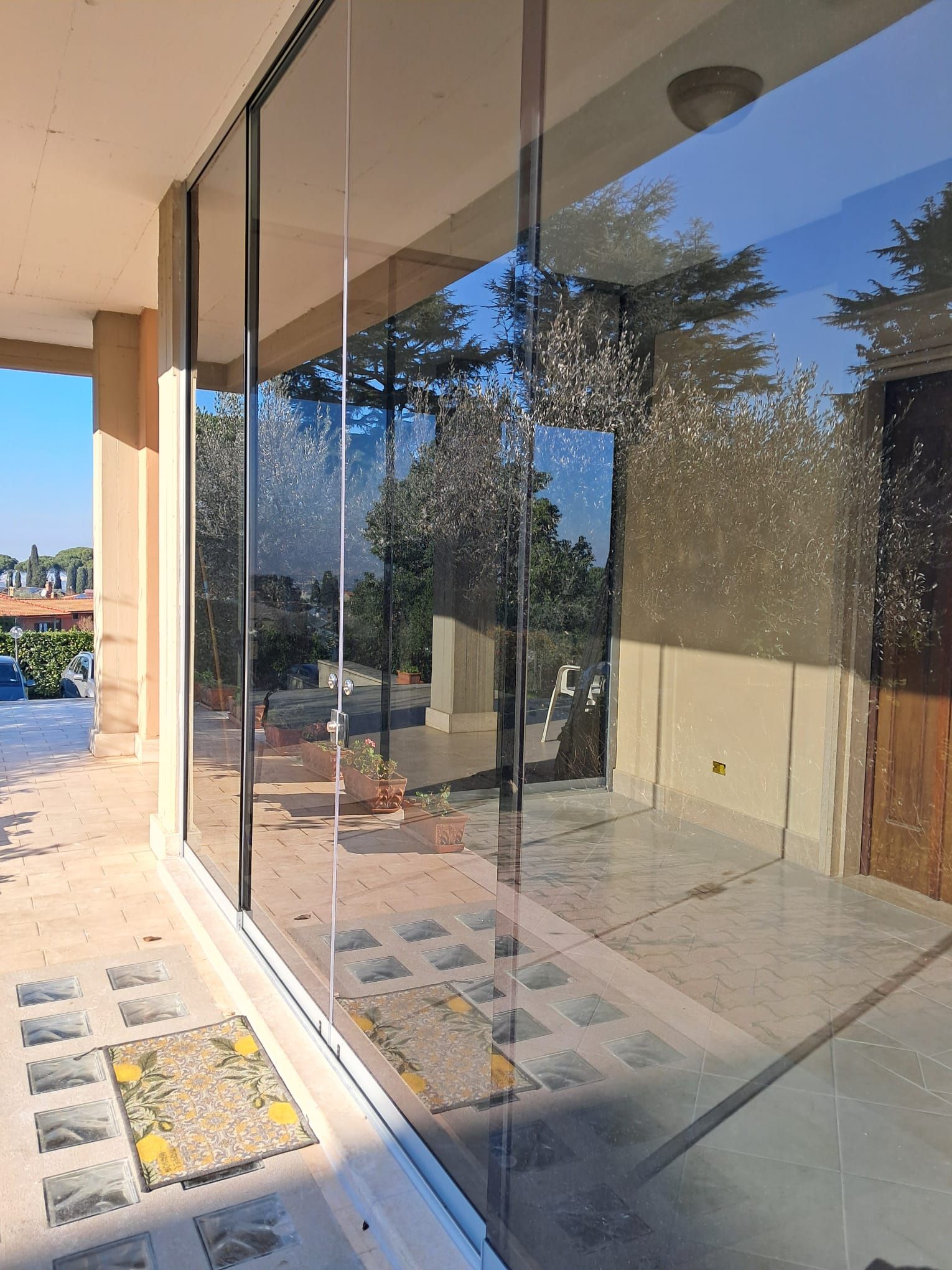 Parete di vetro che riflette alberi e cielo, con patio, porta e zerbino.