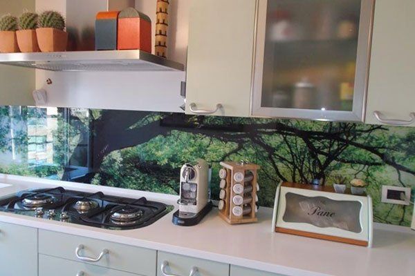 Cucina con ripiani bianchi, piano cottura a gas e paraschizzi a tema albero; vari oggetti sul bancone.
