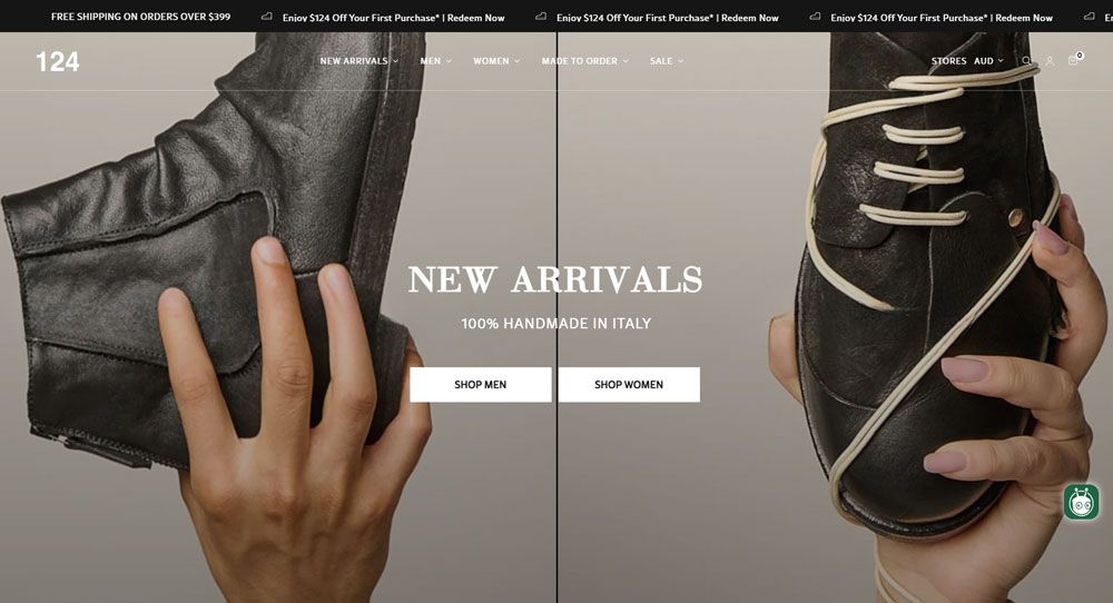 Two hands holding leather boots, a dark one on the left and a lighter one on the right, for new arrivals.