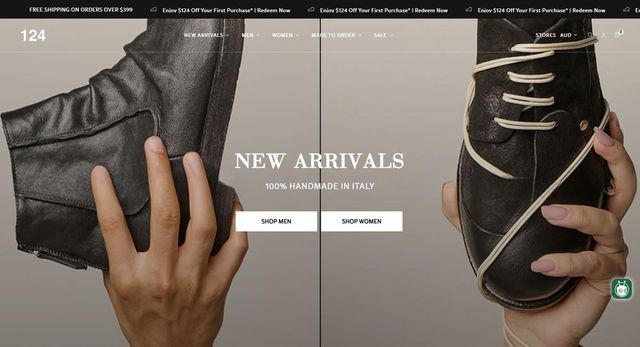 Two hands holding leather boots, a dark one on the left and a lighter one on the right, for new arrivals.