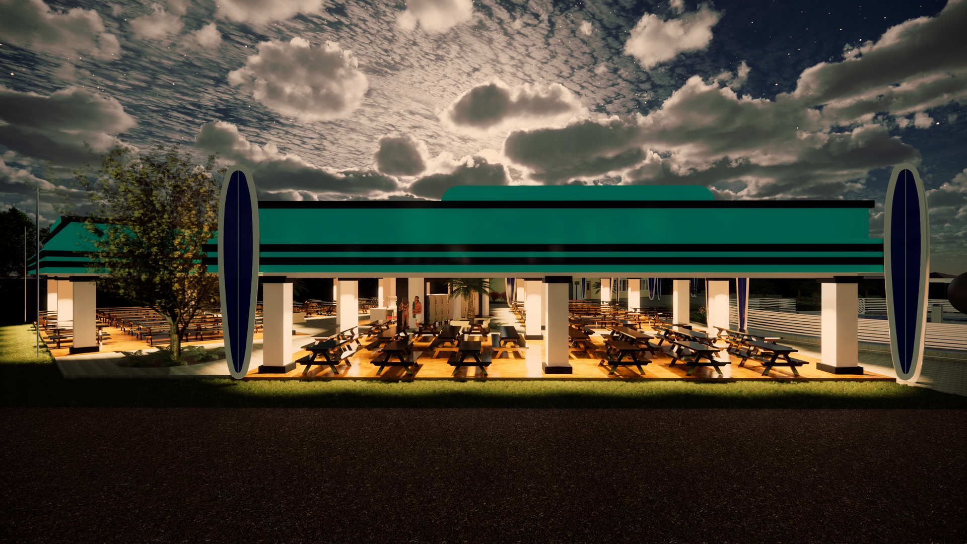 An artist 's impression of a diner with a green awning and picnic tables.