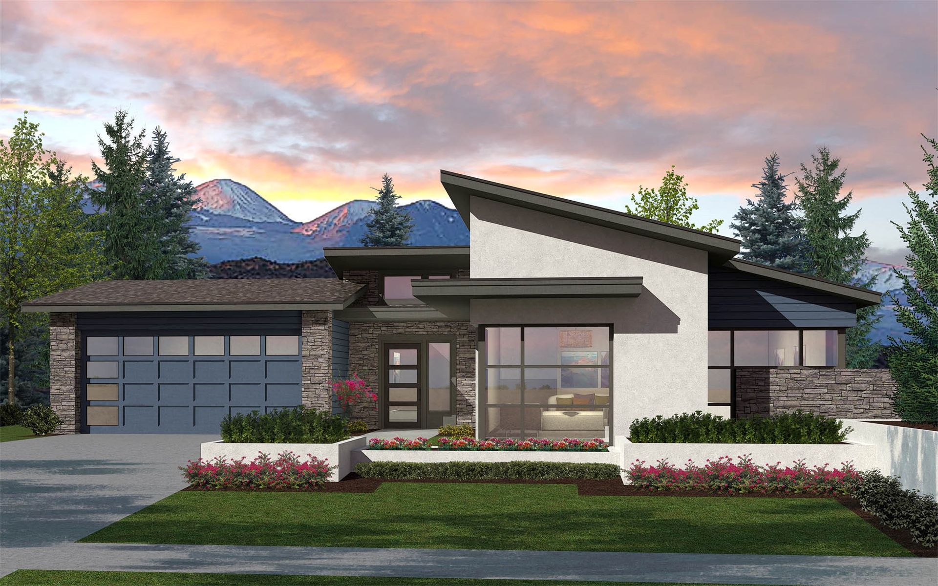 An artist 's impression of a modern house with mountains in the background.