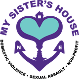 My Sister's House logo: purple anchor with facing silhouettes, teal heart, and house outline. Text: Domestic Violence, Sexual Assault.