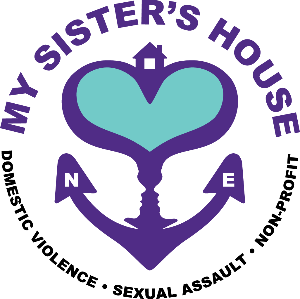 My Sister's House logo: purple anchor with facing silhouettes, teal heart, and house outline. Text: Domestic Violence, Sexual Assault.