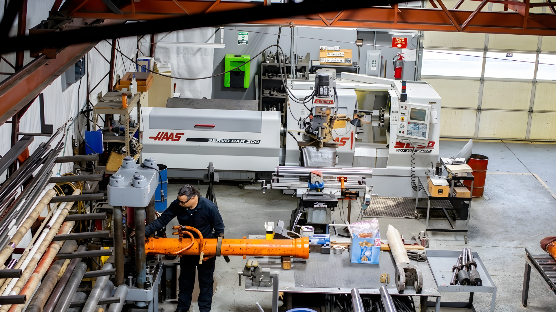 Industrial workshop with a large white CNC machine and workers operating equipment in a cluttered factory.