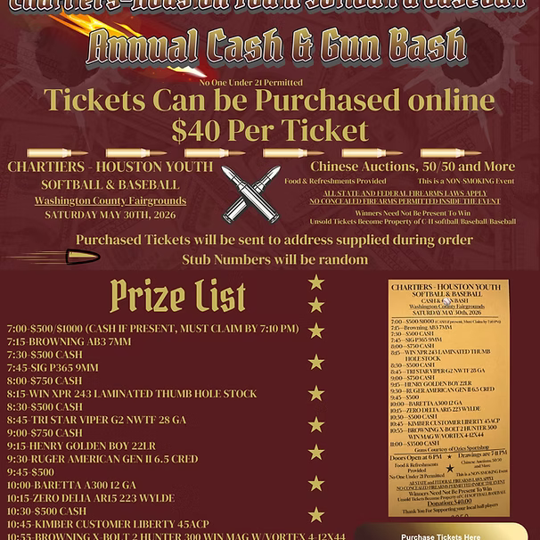 Maroon event flyer for an annual casino bash with ticket price and prize list text.