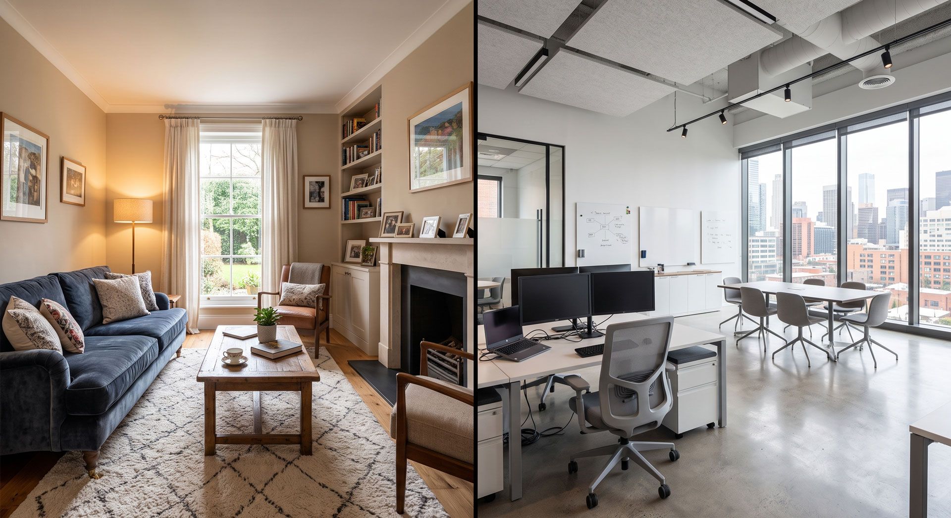 Split view of a cozy living room and a modern office with desks and city views