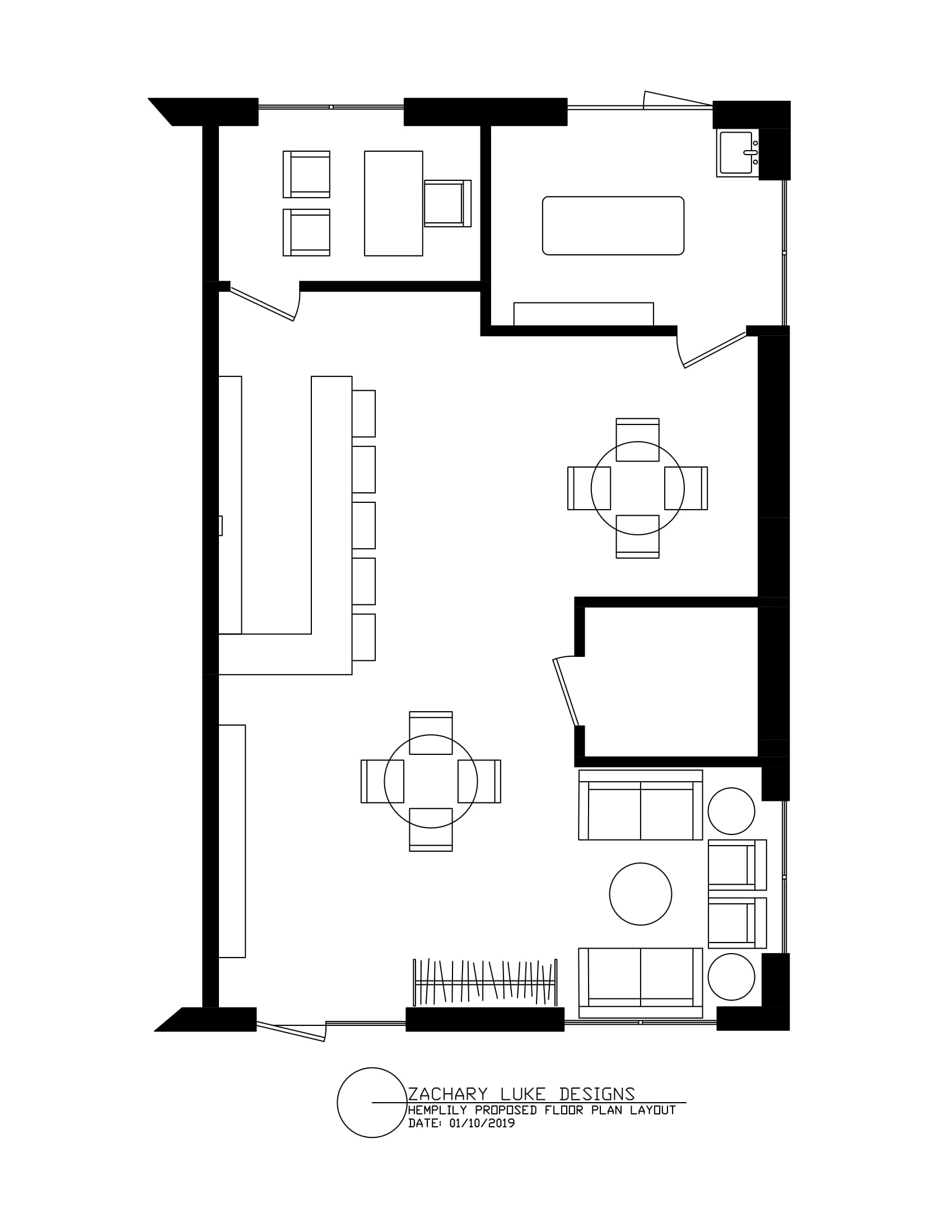Floor plan of an apartment with living, dining, and bedroom areas. Includes furniture, doors, and windows.