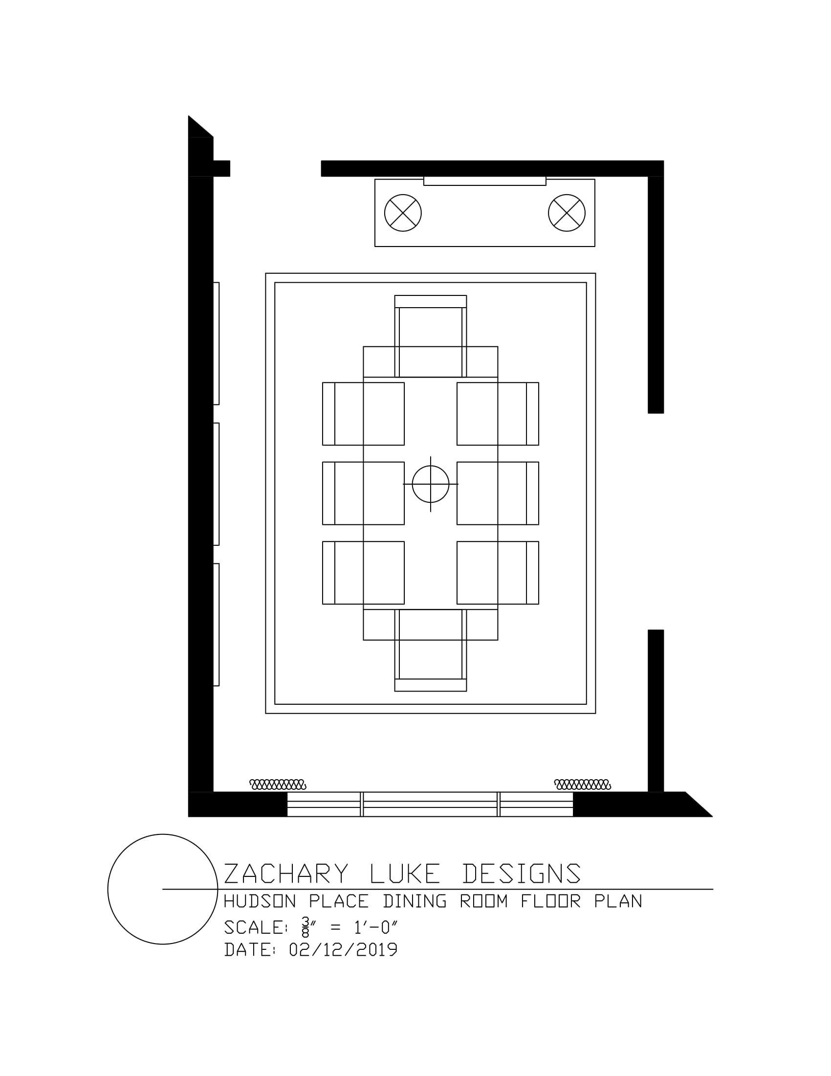 Top-down view of a room with a table and chairs, a window, and a door.