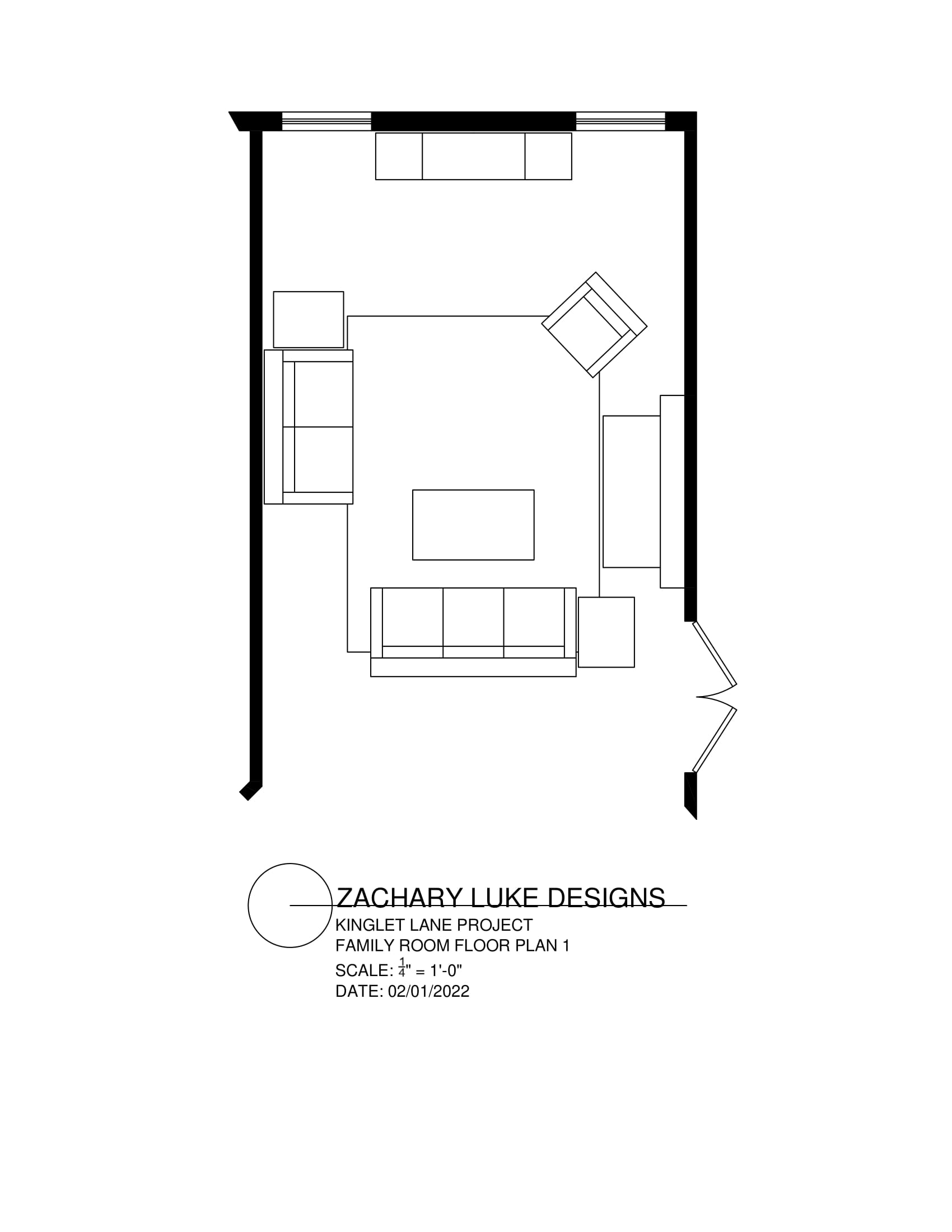 Floor plan of a room with furniture layout: couch, chairs, storage, table, and a doorway.