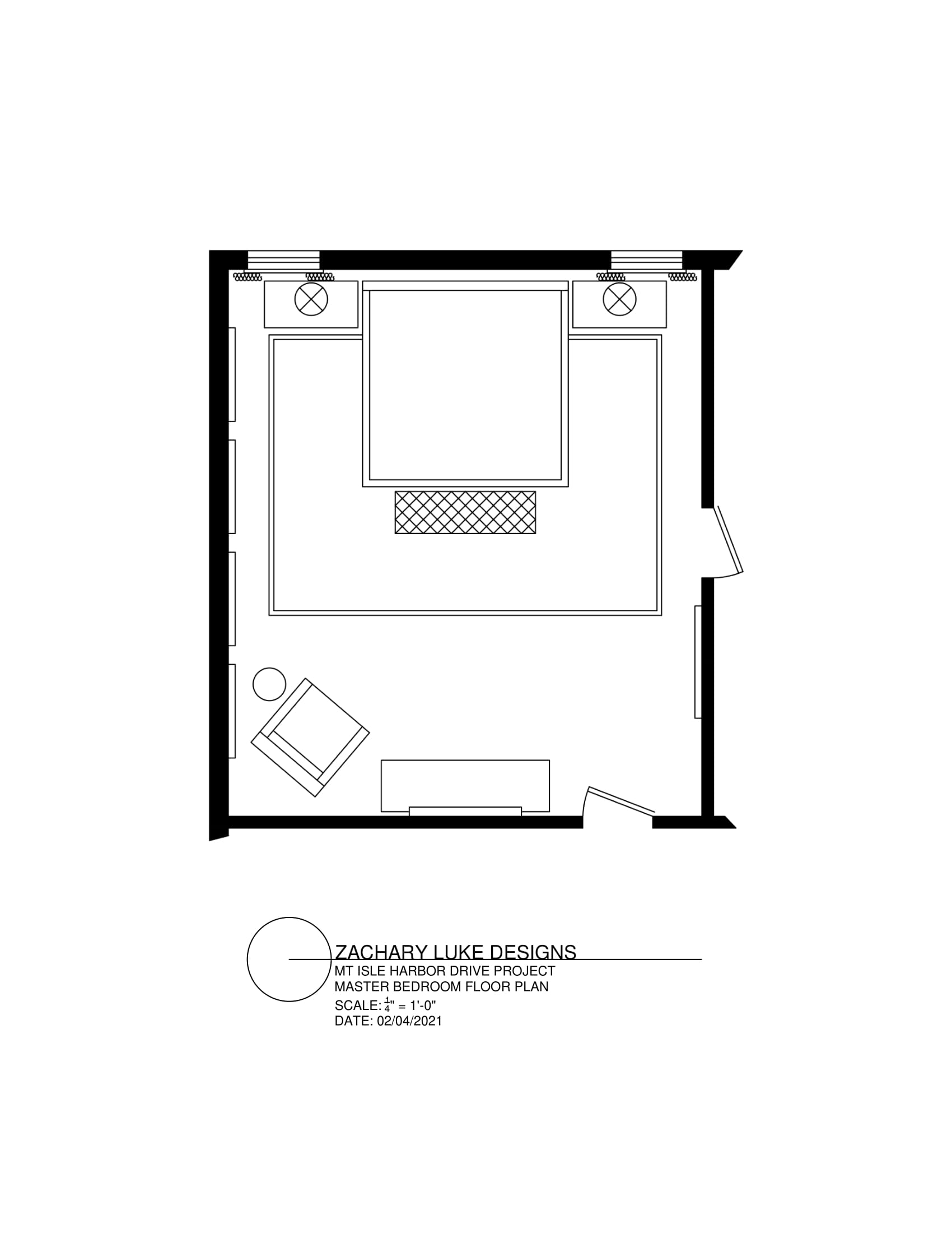 Top-down view of a room layout; furniture includes a bed, chairs, and a table.