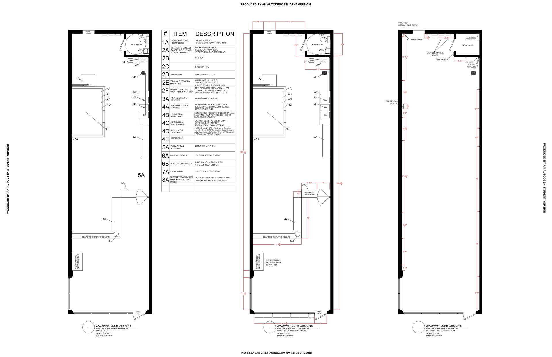 Floor plan diagrams of three long, rectangular rooms, possibly commercial spaces.