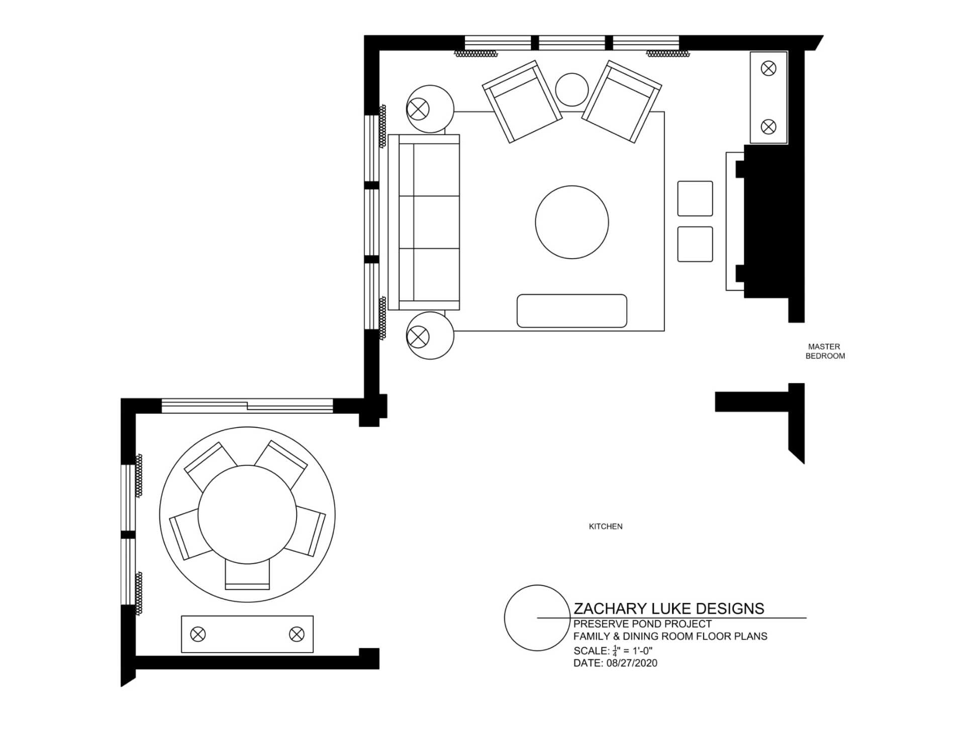 Top-down floor plan of a home with a living and dining area; furniture includes couches, chairs, and a round table.