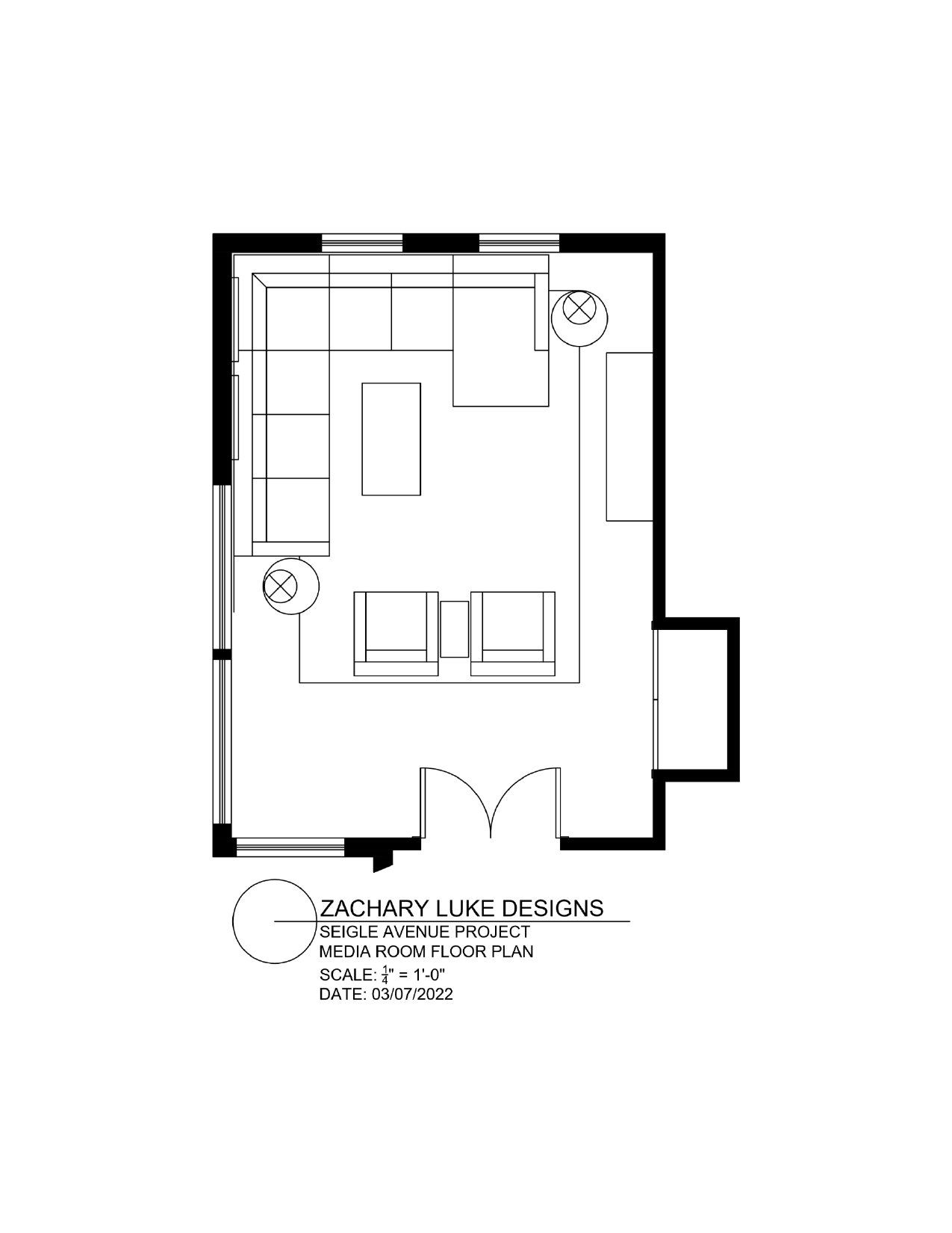 Floor plan of a room with a sectional, chairs, a coffee table, and doorway.
