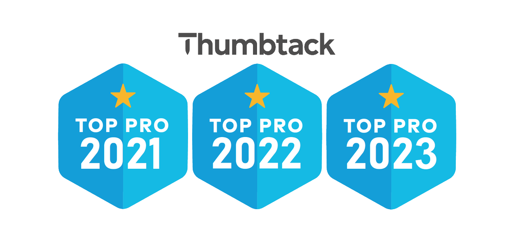 Thumbtack Top Pro badges for 2021, 2022, and 2023: blue hexagon, gold star.