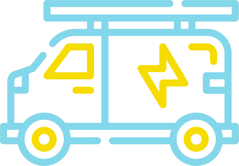 Light blue outline of an electric van with yellow accents and lightning bolt symbol