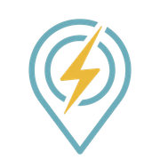 Teal location pin with a yellow lightning bolt inside, representing electric charging or energy.