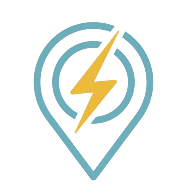 Teal location pin with a yellow lightning bolt inside, representing electric charging or energy.