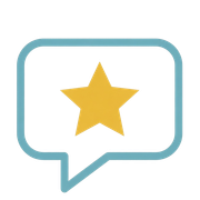 Yellow star inside a blue chat bubble outline on a white background