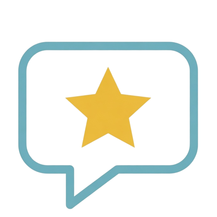 Yellow star inside a blue chat bubble outline on a white background