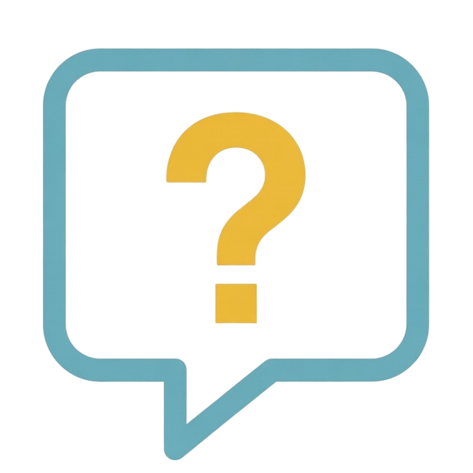 Teal speech bubble with a yellow question mark inside