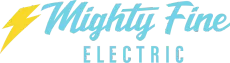 Mighty Fine Electric logo with a yellow lightning bolt and light blue text on a white background