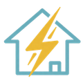 Turquoise house outline with a yellow lightning bolt, suggesting home electricity or power outage