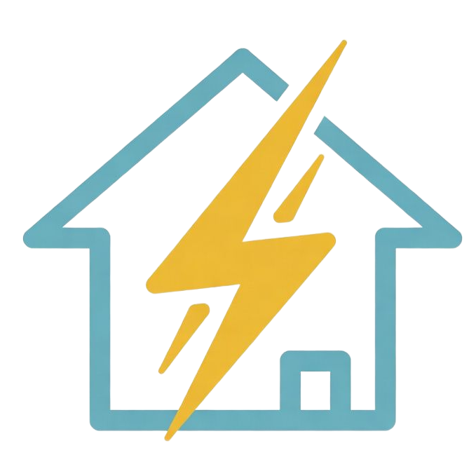 Turquoise house outline with a yellow lightning bolt, suggesting home electricity or power outage